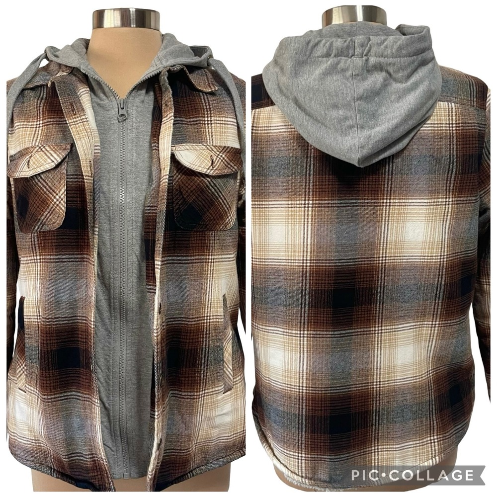 Natural Reflections Brown Plaid Sherpa Lined Hooded Flannel Jacket Sz M Fall